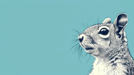  a close up of a squirrel's face on a blue background with a black and white drawing of a squirrel.