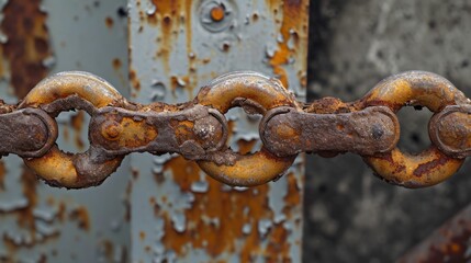 Rusty bicycle chain with a backdrop of gritty concrete, symbolizing urban decay and the passage of time.