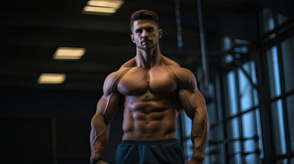 Fototapeta na wymiar Fit and strong: young male athlete bodybuilder strikes powerful poses, demonstrates dynamic sports exercises in gym setting