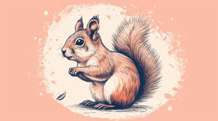 Fotobehang  a drawing of a squirrel sitting on its hind legs, with its front paws on the ground, with a pink background. © Shanti