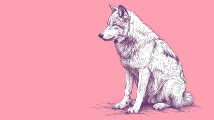  a drawing of a wolf sitting on the ground with its head turned to the side, on a pink background.