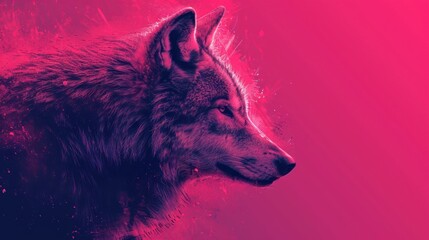  a close up of a wolf's head on a pink and purple background with a splash of paint on the left side of the image.