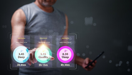 healthcare, sport concept. Man holds his smartphone, utilizing a healthcare app to monitor sleep...