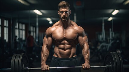 Fototapeta na wymiar Powerful fitness routine: muscular man bodybuilder training and posing with weights and barbell in the gym – active lifestyle and strength concept