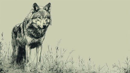  a black and white drawing of a wolf standing in a field of tall grass with his head turned to the side.