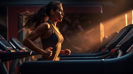 Fit and healthy young woman running on treadmill in modern gym