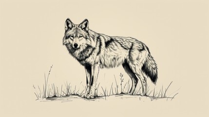  a drawing of a wolf standing on top of a grass covered field next to a field of tall dry grass.