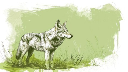  a drawing of a wolf standing in a field with grass in the foreground and a sky in the background.