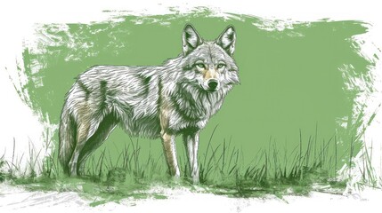  a drawing of a grey wolf standing in a field of grass with grass on the ground and grass on the ground.