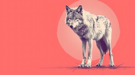  a drawing of a wolf standing in front of a pink background with a circle in the middle of the image.