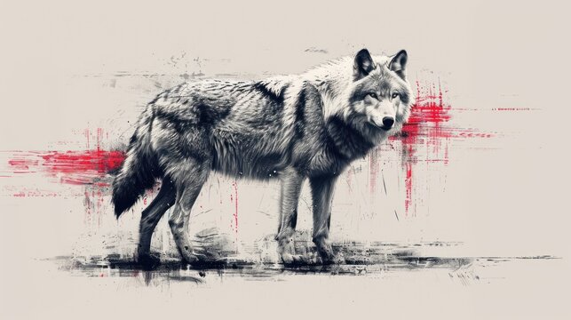  a black and white picture of a wolf with red paint splatters on it's face and tail.