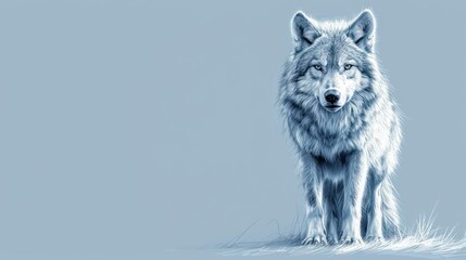  a drawing of a wolf standing on a snow covered ground in front of a light blue background with the wolf looking at the camera.