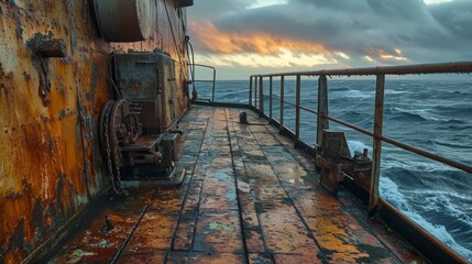 Weather-beaten ship deck with streaks of salt and rust.