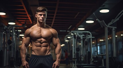 Fototapeta na wymiar Fit and strong: young male athlete bodybuilder strikes powerful poses, demonstrates dynamic sports exercises in gym setting