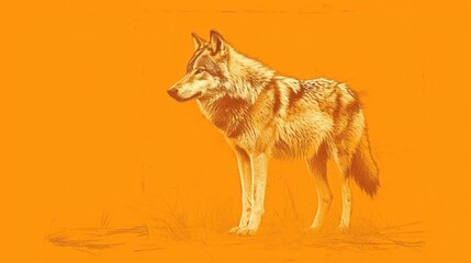 Naklejka na ściany i meble a drawing of a wolf standing in a field of grass with an orange sky in the background and a black and white drawing of a wolf in the foreground.