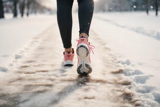 Back view of a Young woman running on a snowy road in winter, wearing gym trousers. Sport, fitness inspiration and motivation
