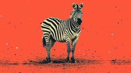  a black and white zebra standing on top of a dirt field next to a red wall and a black and white picture of a zebra.