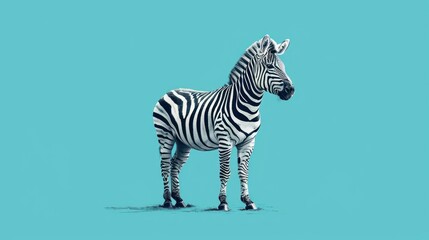 Fototapeta na wymiar a single zebra standing in the middle of a blue and teal colored background with a single zebra standing in the middle of a blue and teal colored background.