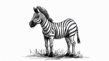 Fototapeta na wymiar a black and white drawing of a zebra standing on a grass covered field with its head turned to the side.