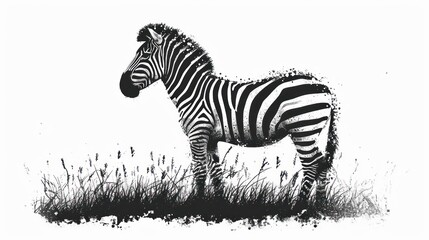 Fototapeta na wymiar a black and white drawing of a zebra standing in a field of grass with tall grass in the foreground.