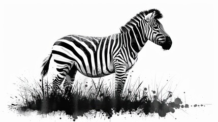 Fototapeta na wymiar a black and white picture of a zebra standing in a field of tall grass with a white sky in the background.