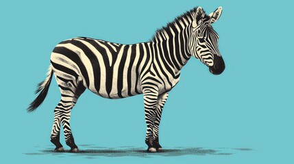 Fototapeta na wymiar a black and white zebra standing on top of a blue ground with it's head turned to the side.