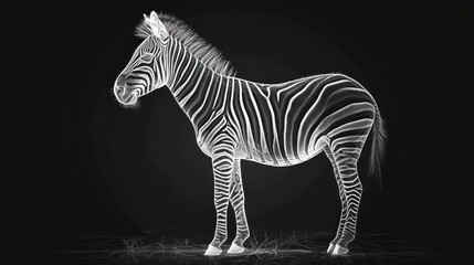 Fototapeta na wymiar a black and white photo of a zebra standing in the dark with its head turned to the side and it's head turned to the side.