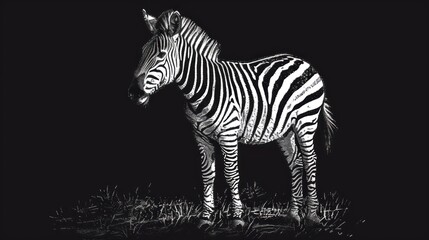 Fototapeta na wymiar a black and white photo of a zebra standing in the grass with its head turned to the side in front of a black background.