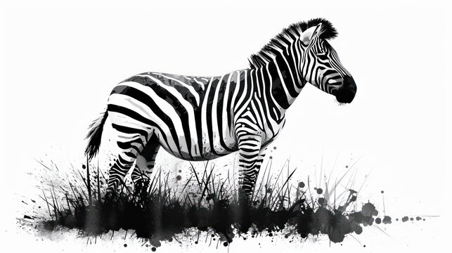  a black and white picture of a zebra standing in a field of tall grass with a white sky in the background.
