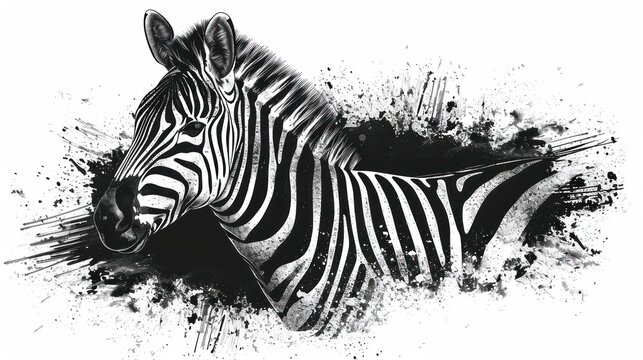  a black and white photo of a zebra's head with splashes of paint on it's back.