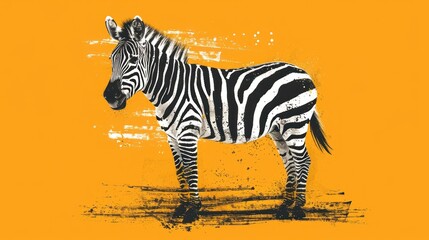 Fototapeta na wymiar a black and white zebra standing in front of a yellow background with a splash of paint on it's side.