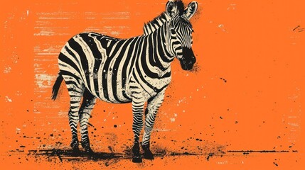 Fototapeta na wymiar a black and white zebra standing in front of an orange wall with a grungy look on it's face.