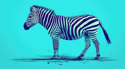  a black and white zebra standing on top of a blue floor next to a blue wall and a light blue background.