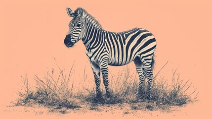 Fototapeta na wymiar a black and white photo of a zebra standing in the middle of a field with a pink sky in the background.