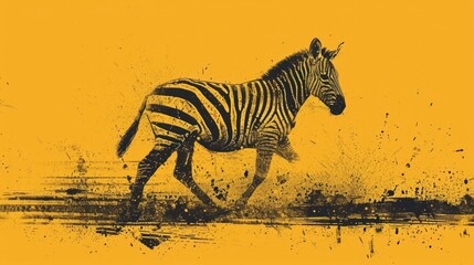 Fototapeta na wymiar a black and white picture of a zebra on a yellow background with a black and white image of a zebra on a yellow background.