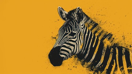  a close up of a zebra's head on a yellow background with black and white paint splatters.