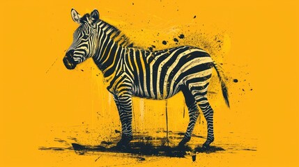 Fototapeta na wymiar a black and white zebra standing in front of a yellow wall with a splash of paint on it's side.
