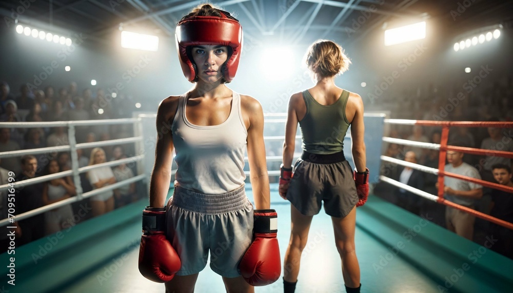 Wall mural teenage female boxer in boxing ring - athletic, competitive environment