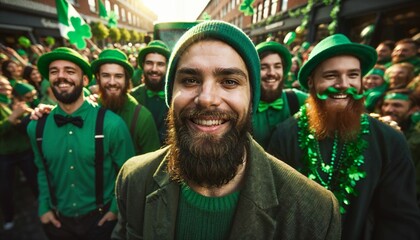 Joyful group of friends in green, St Patrick's Day street parade celebration - obrazy, fototapety, plakaty