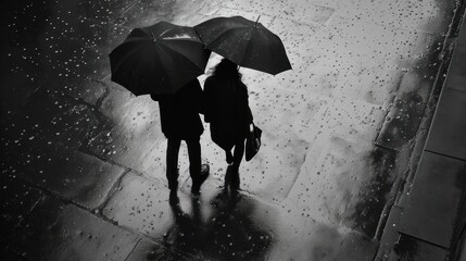  two people holding umbrellas walking down a street in the rain on a rainy day in a black and white photo. - obrazy, fototapety, plakaty