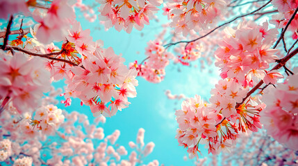 floral background with cherry blossoms at blue sky