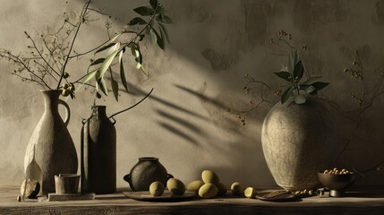  a group of vases sitting on top of a table next to a bowl of fruit and a bowl of nuts.