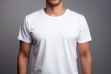 white casual t-shirt mockup for design. A man wearing a white t-shirt on grey background