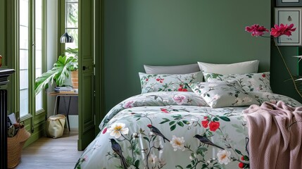  a bedroom with green walls and a bed covered in a white and pink floral comforter and matching comforter.