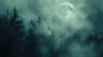  a full moon shines through the clouds above a forest of pine trees on a dark, foggy night.