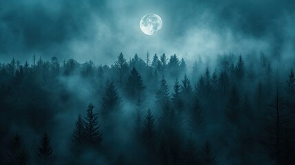  a foggy forest with a full moon in the middle of the night with trees in the foreground and fog in the foreground.