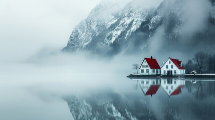  a white house with a red roof sitting on a body of water with a mountain in the background and fog in the air. - Powered by Adobe