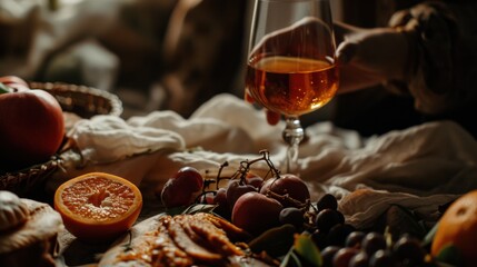  a glass of wine sitting on top of a table next to a basket of fruit and a basket of bread.
