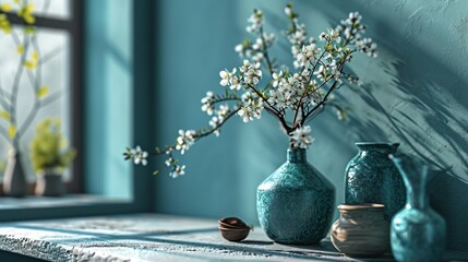  a group of vases sitting on top of a window sill next to a vase filled with white flowers.