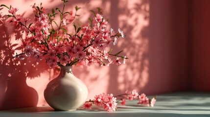  a white vase filled with pink flowers sitting on top of a table next to a shadow of a pink wall.